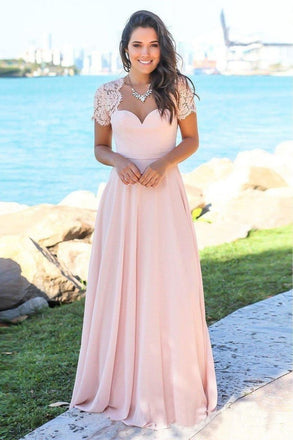 Pink Maxi Bridesmaid Dresses Short Sleeve Beach Wedding Guest Dresses INO14
