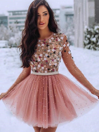 Blush Pink Short Prom Dresses 3D Flowers Beaded Homecomingl Dresses INP5