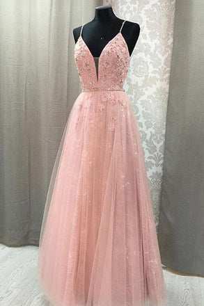 Blush V Neck Prom Dress with Straps, Long Prom Gown with Appliques INJ49