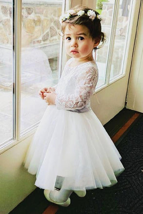 Long Sleeves Light Ivory Lace Tulle Flower Girl Dress With Silver Sash IN206