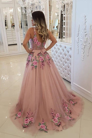 Broad Strap Floral Appliqued Long Prom Dresses Cheap A Line Evening Dress INI3