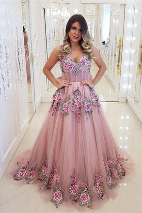Broad Strap Floral Appliqued Long Prom Dresses Cheap A Line Evening Dress INI3