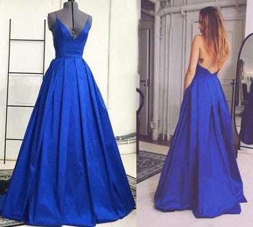 Royal Blue Backless Sexy A Line Long Simple Ball Gown Spaghetti Strap Prom Dresses  IN146
