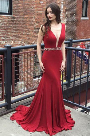Red Deep V Neck Mermaid Evening Prom Dresses, Long Sexy Party Prom Dress IN118