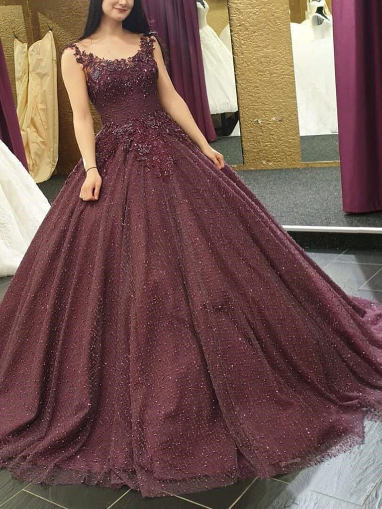 Burgundy Long Formal Ball Gown Prom Dresses With Lace Applique INK52