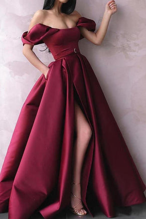 Burgundy Off The Shoulder Prom Dresses Long Formal Dresses With Slit INKK48