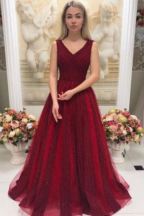 Burgundy V Neck Sleeveless Beaded Prom Dresses Sweep Train Dresses INO89