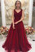 Burgundy V Neck Sleeveless Beaded Prom Dresses Sweep Train Dresses INO89