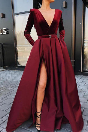Burgundy V-neck Long Sleeves Prom Dresses Formal Dresses With Slit INK50