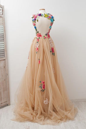 A-line Sleeveless Open Back Appliques Tulle Long Prom Dress Flowers INE81
