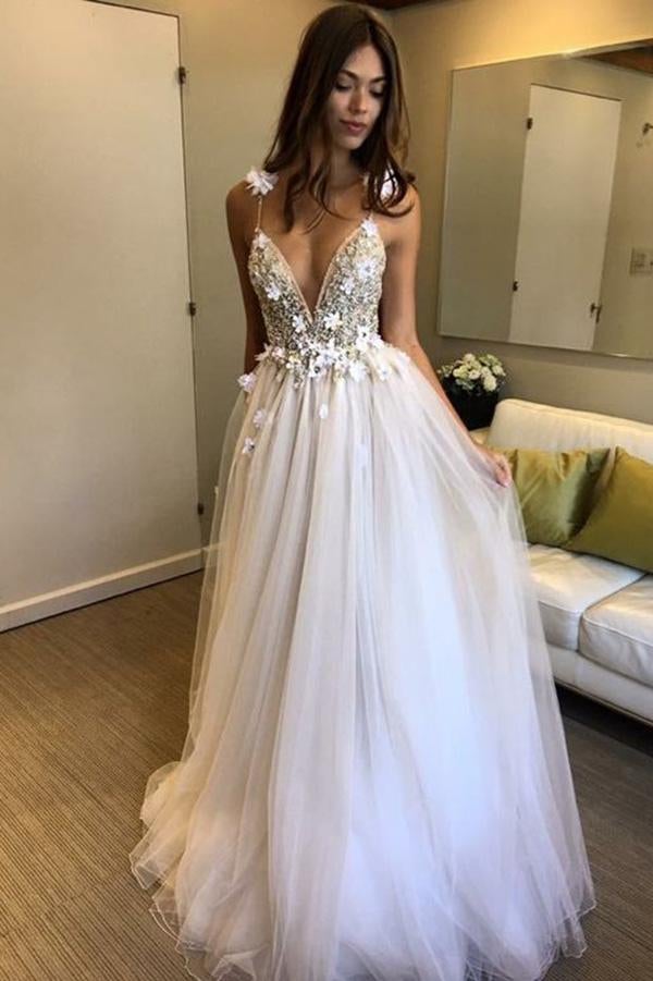 Floral Open Back Deep V-neck Straps Tulle Appliques Prom Dress,, Floral Princess Wedding Dress IN180