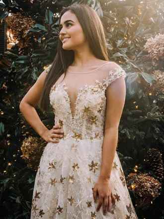 Cap Sleeve A Line Long Lace Prom Dresses With Gold Stars INH46