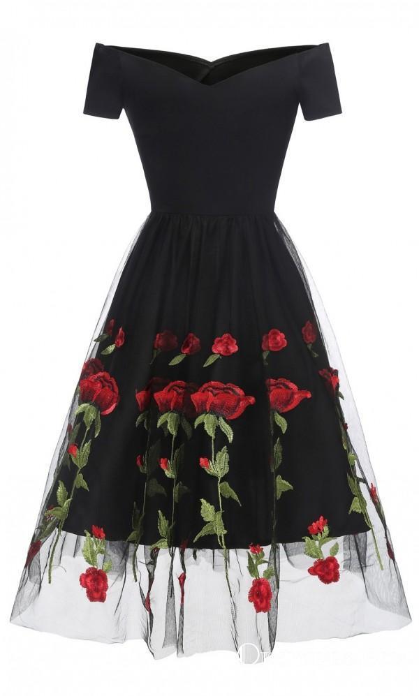 Charming Off the Shoulder Tulle Black Homecoming Dresses with Flowers INO45