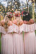 Simple Pink Off the Shoulder Pink Ruffles Long Bridesmaid Dresses INA55