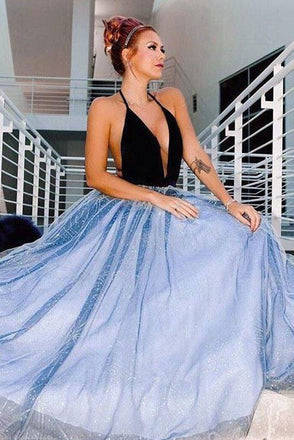 A Line Deep V-Neck Floor Length Sky Blue Prom Dress With Sequined INQ58