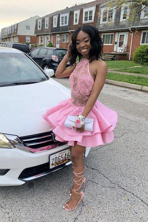 New A Line Pink Short Sleeveless Cake Homecoming Dresses With Appliques Lace INHD33