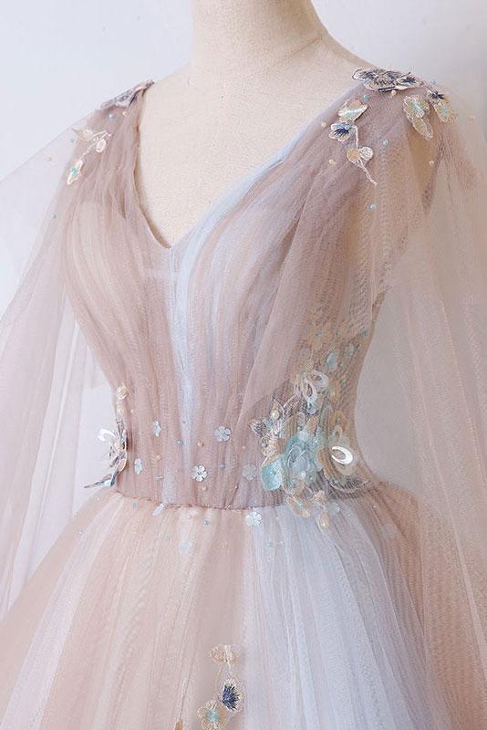 Romantic Tulle V neck Long Evening Dress,Lace Appliques Senior Prom Dress IN990