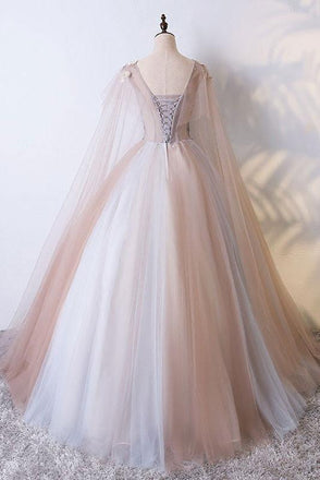 Romantic Tulle V neck Long Evening Dress,Lace Appliques Senior Prom Dress IN990