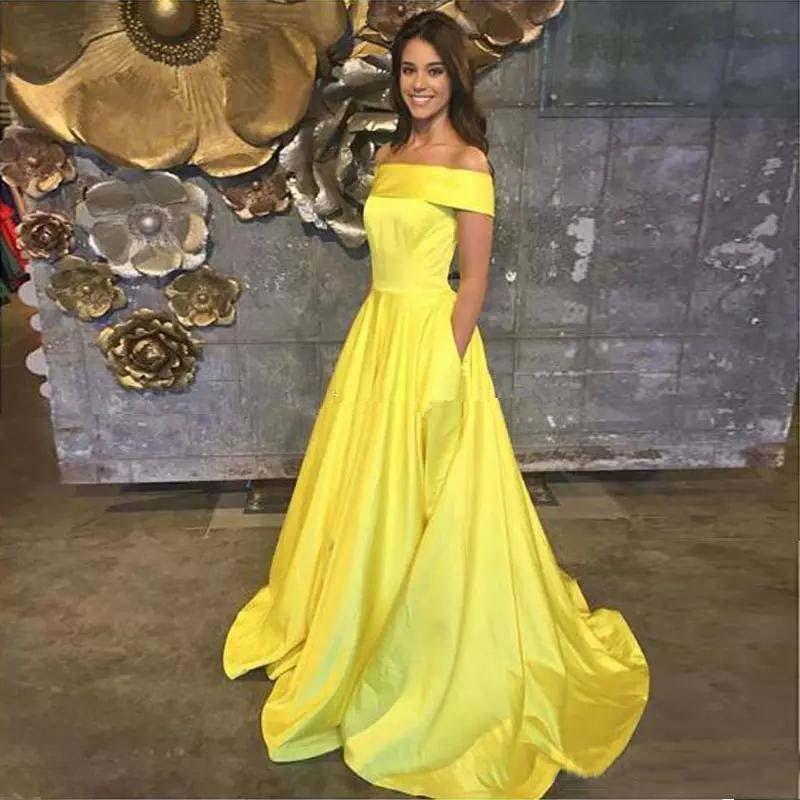 Yellow Off The Shoulder A Line Prom Dress,Long Evening Gown With Pockets INJ67