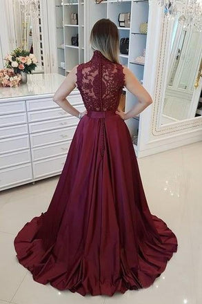 Cheap Maroon Lace Top Prom Dresses Long Burgundy Evening Gown with High Neck INI28