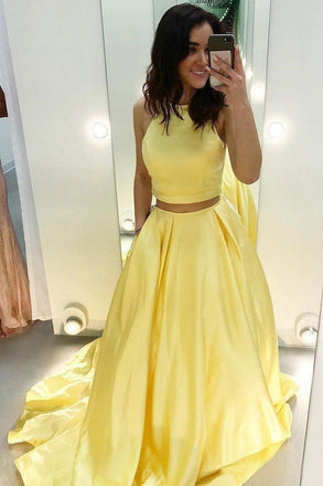 Two Piece Yellow Satin Formal Evening Dress Halter Long Prom Dresses INN80