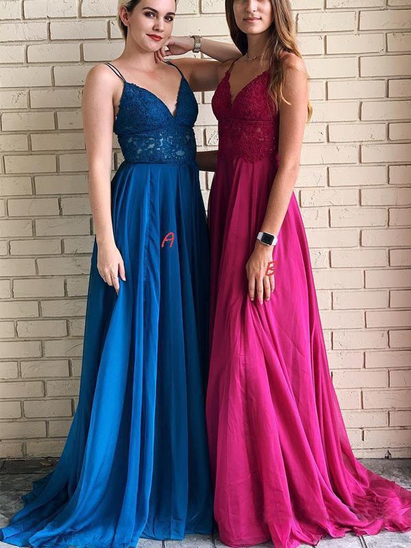 Spaghetti Straps A-Line Long Cheap Prom Dresses with Lace Top INO54