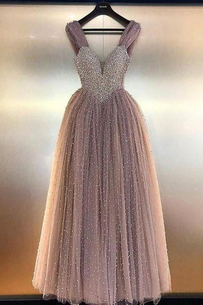Charming Beaded V-neck Prom Dresses A Line Floor Length Evening Gowns INN84