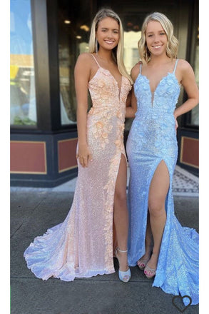 Elegant Mermaid Sequin V Neck Long Prom Dresses Formal Evening Dresses IN1942