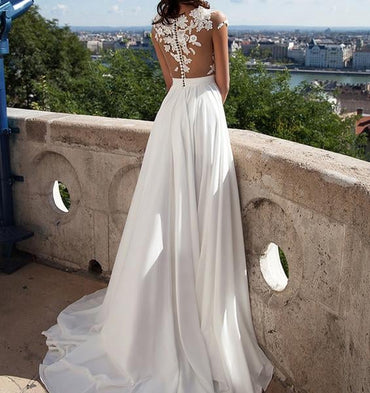 Ivory Lace Front Slit See Through Cap Sleeves Custom Made Beach Wedding Dresses IN273