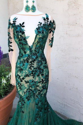 Mermaid Dark Green Prom Dress With Long Sleeves Illusion Neck Party Dresses INS6