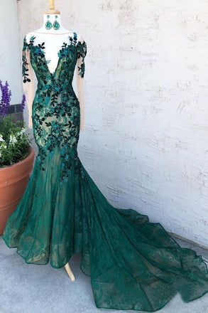 Mermaid Dark Green Prom Dress With Long Sleeves Illusion Neck Party Dresses INS6