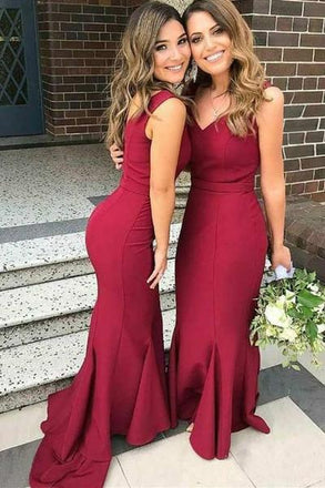 Dark Red Mermaid Bridesmaid Dresses V-neck Sweep Train Wedding Guest Dress INO16