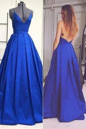 Royal Blue Backless Sexy A Line Long Simple Ball Gown Spaghetti Strap Prom Dresses  IN146