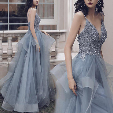 Deep V Neck Appliqued Spaghetti Straps Multi-Layered Organza Blue Bridal Dress INS11