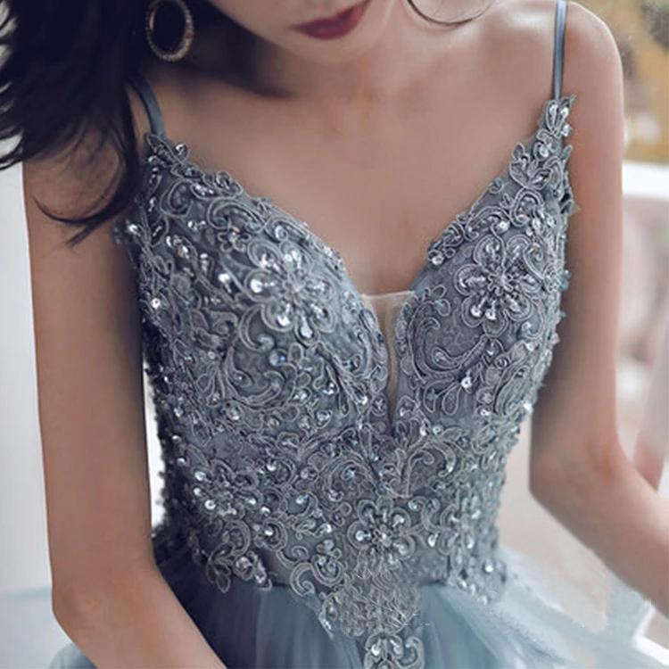 Deep V Neck Appliqued Spaghetti Straps Multi-Layered Organza Blue Bridal Dress INS11
