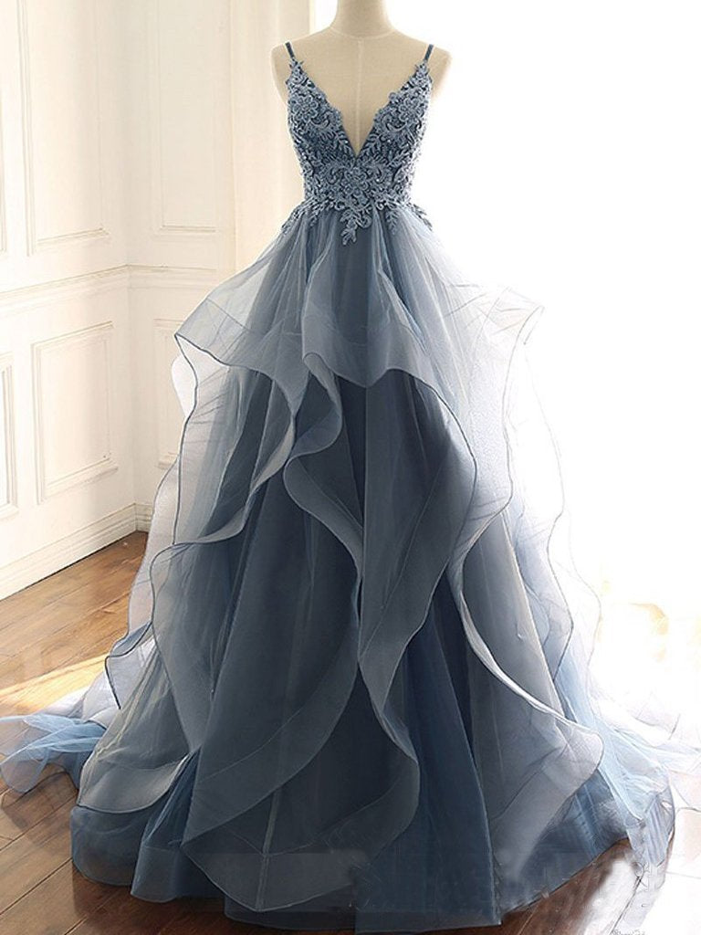 Deep V Neck Appliqued Spaghetti Straps Multi-Layered Organza Blue Bridal Dress INS11
