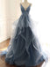 Deep V Neck Appliqued Spaghetti Straps Multi-Layered Organza Blue Bridal Dress INS11