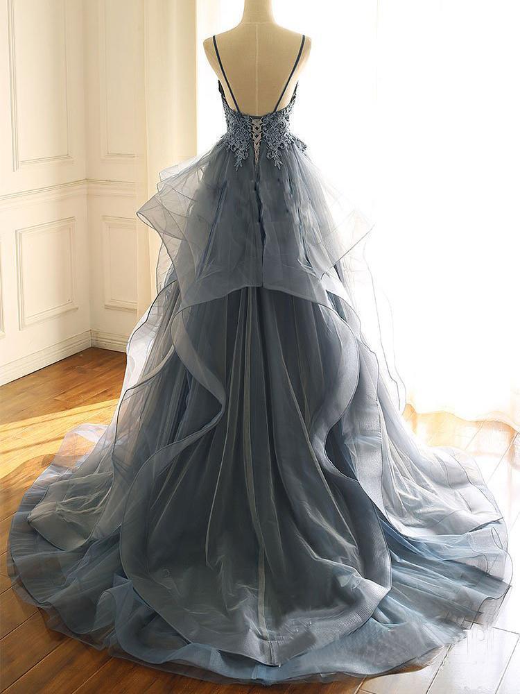 Deep V Neck Appliqued Spaghetti Straps Multi-Layered Organza Blue Bridal Dress INS11