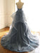Deep V Neck Appliqued Spaghetti Straps Multi-Layered Organza Blue Bridal Dress INS11