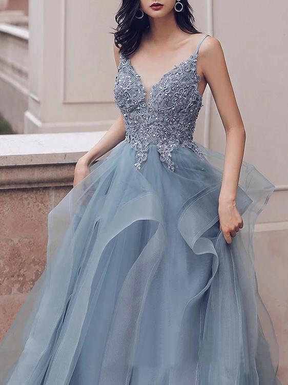 Deep V Neck Appliqued Spaghetti Straps Multi-Layered Organza Blue Bridal Dress INS11