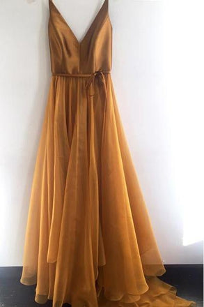 Spaghetti Strap A Line V Neck Gold Formal Cheap Long Prom Dresses ING75