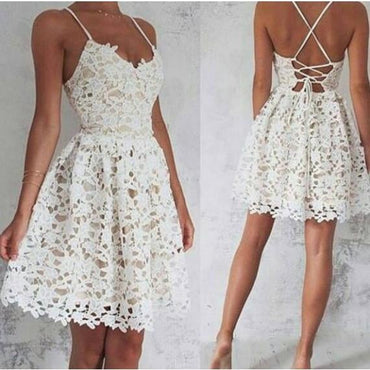 Cute Lace Ivory Short Spaghetti Straps Homecoming/Prom Dresses Dress, Sweet 16 Dresses IN237