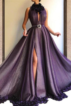 Purple Long A-line Split Cheap Prom Dresses With Flowers INH56