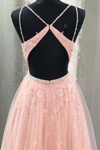 Blush V Neck Prom Dress with Straps, Long Prom Gown with Appliques INJ49