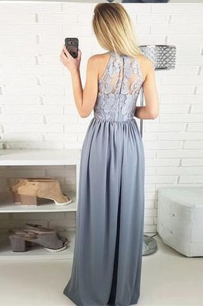 Modest Long Grey Lace Top Sleeveless Split Prom Dresses,Evening Dress INA34