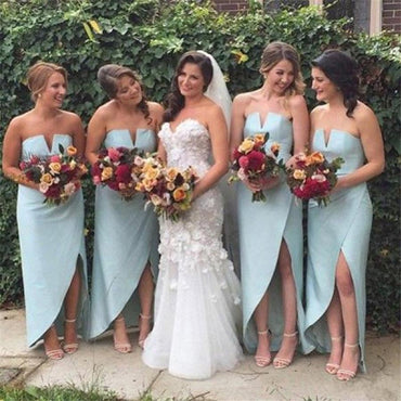 Unique Light Blue Strapless High Low Cheap Bridesmaid Dresses ING56