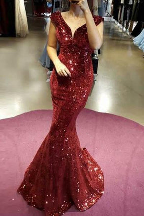 Mermaid Burgundy Sequined Cap Sleeves Long Prom Dresses INH23