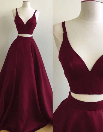 Simple Black Burgundy Satins V-neck Two Pieces A-line Prom Dresses IN131