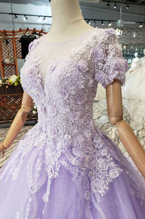 Lilac Ball Gown Short Sleeves Prom Dresses with Lace, Quinceanera Dress INL41