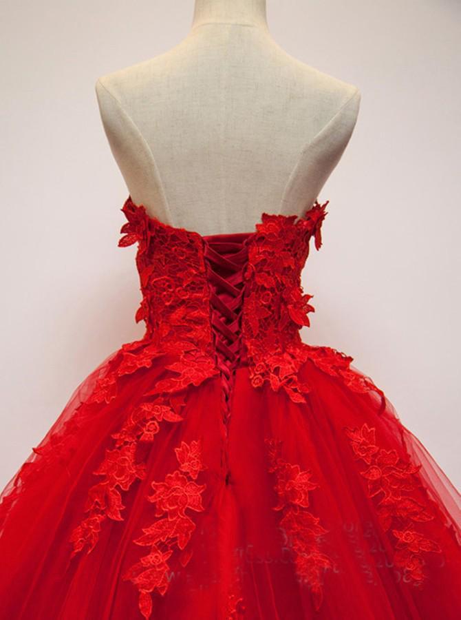 Charming Red Sweetheart Strapless Ball Gown Applique Tulle Long Prom Dress INE82